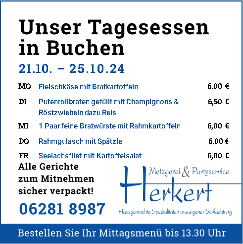 Tagesessen-Wochenplan bei der Metzgerei Herkert in 74722 Buchen